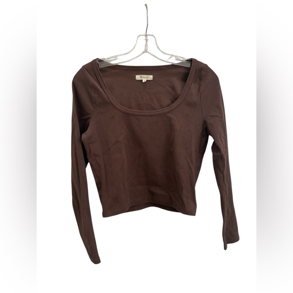 Madewell Chocolate Ribbed Scoop Neck Long Sleeve Top. Brown. Size Medium.